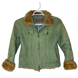 Vintage Y2K Jennyfer J Jacket Women's Small Green Corduroy‎ Fur Trim Full Zip